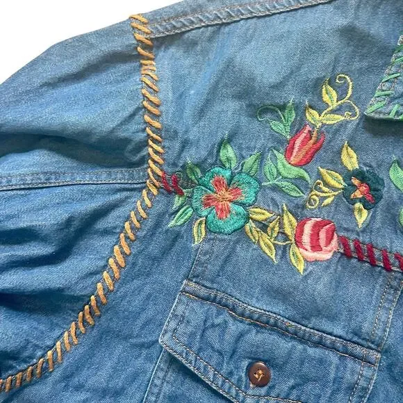 90s Vintage Oversized Western Denim Embroidered Flowers Cowgirl Cottagecore SM - Picture 6 of 10